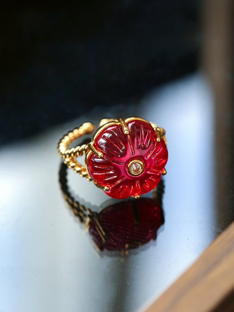 Handcrafted Glass Flower Dome Ring - 18K Gold Plated Brass Romantic Floral Adjustable Ring - floysun