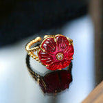 Handcrafted Glass Flower Dome Ring - 18K Gold Plated Brass Romantic Floral Adjustable Ring - floysun