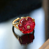 Handcrafted Glass Flower Dome Ring - 18K Gold Plated Brass Romantic Floral Adjustable Ring - floysun