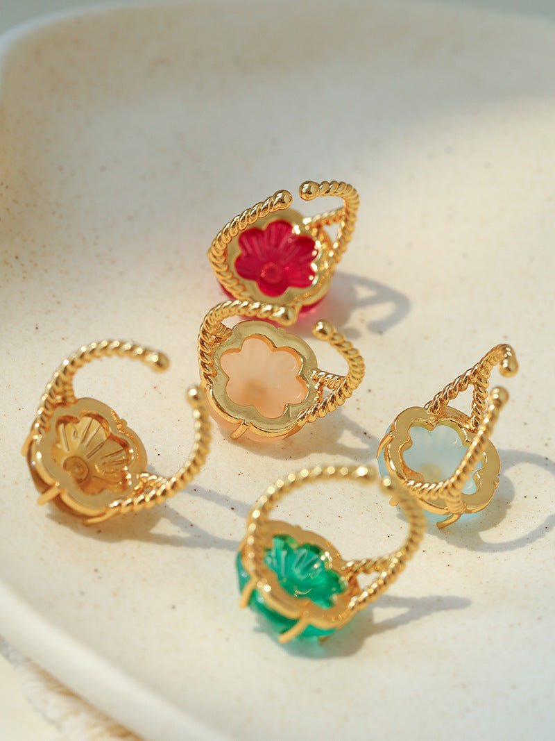 Handcrafted Glass Flower Dome Ring - 18K Gold Plated Brass Romantic Floral Adjustable Ring - floysun