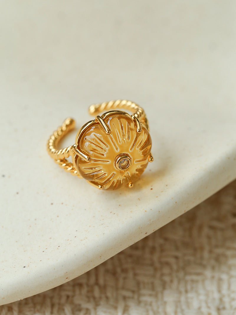 Handcrafted Glass Flower Dome Ring - 18K Gold Plated Brass Romantic Floral Adjustable Ring - floysun