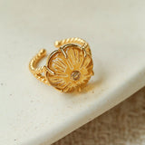 Handcrafted Glass Flower Dome Ring - 18K Gold Plated Brass Romantic Floral Adjustable Ring - floysun