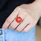 Handcrafted Glass Flower Dome Ring - 18K Gold Plated Brass Romantic Floral Adjustable Ring - floysun