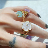 Handcrafted Glass Flower Dome Ring - 18K Gold Plated Brass Romantic Floral Adjustable Ring - floysun