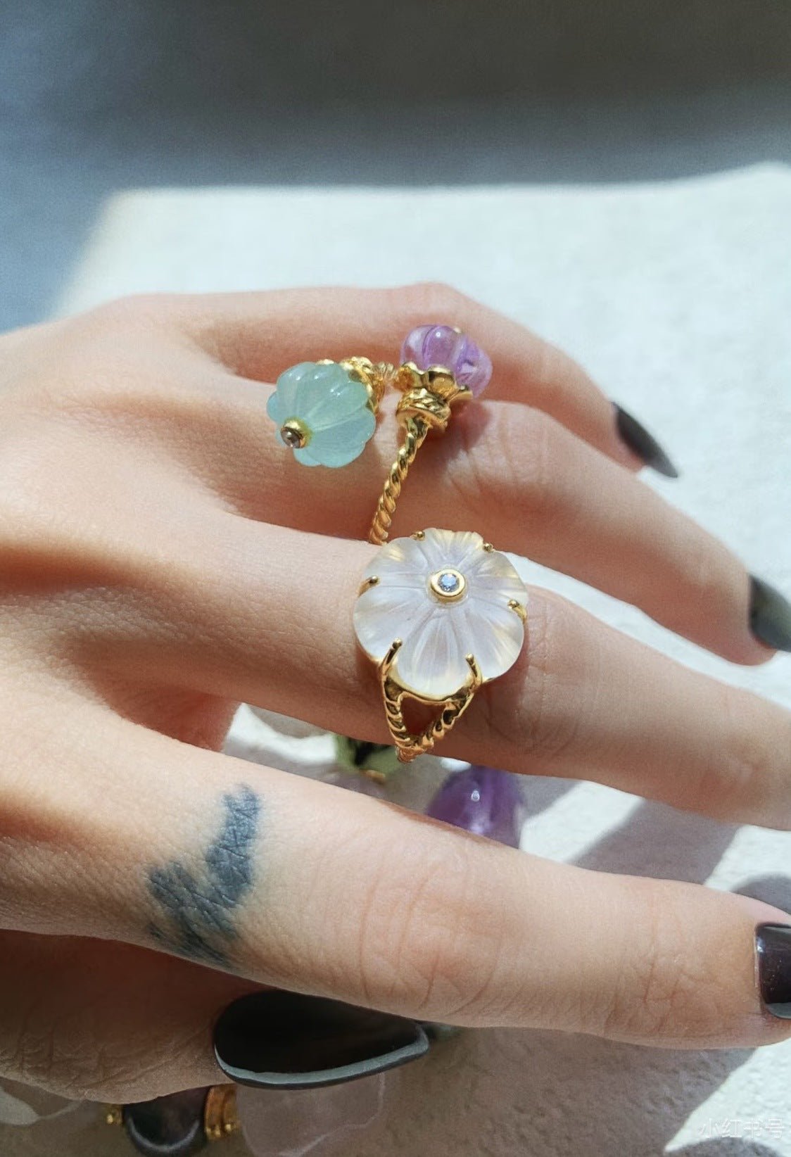 Handcrafted Glass Flower Dome Ring - 18K Gold Plated Brass Romantic Floral Adjustable Ring - floysun