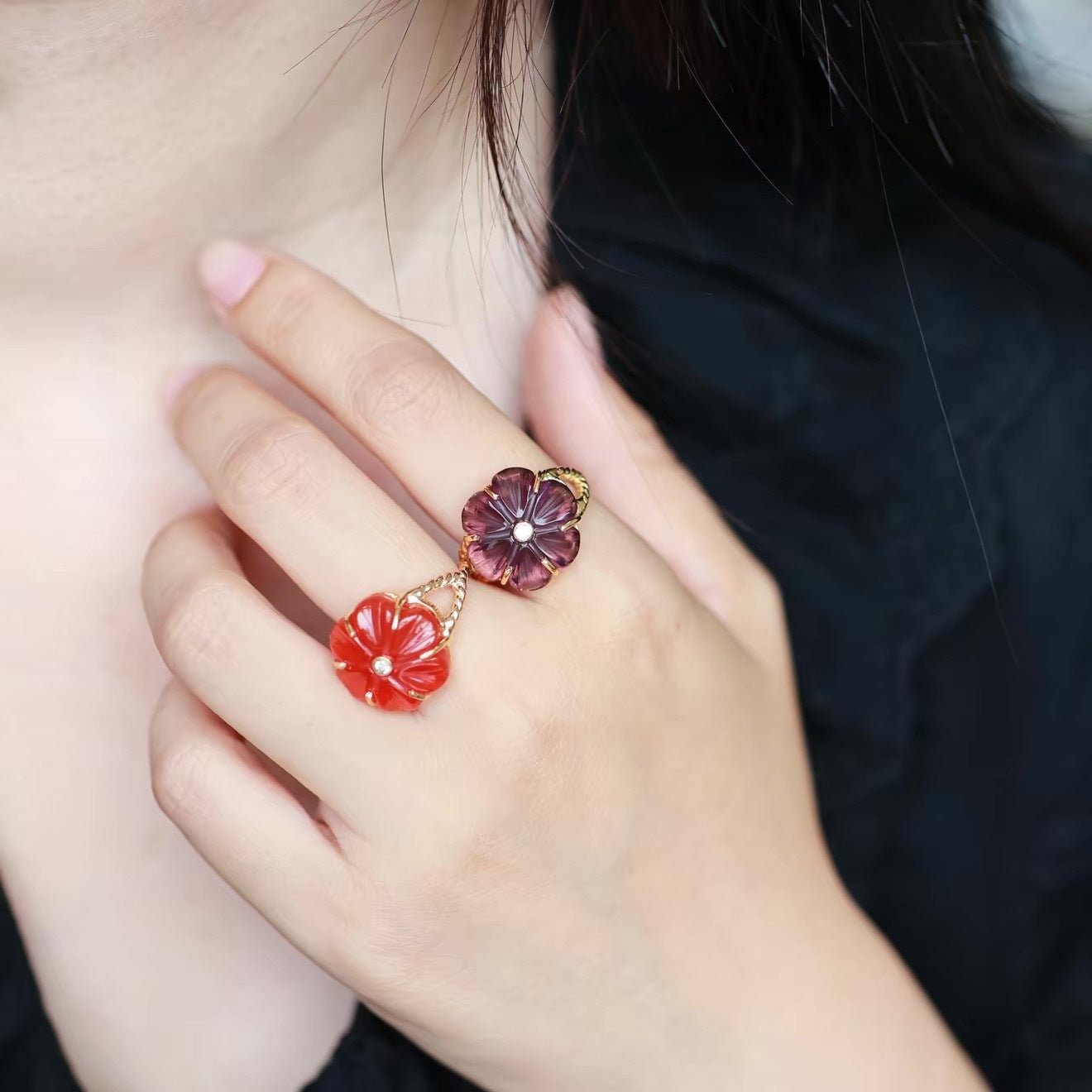 Handcrafted Glass Flower Dome Ring - 18K Gold Plated Brass Romantic Floral Adjustable Ring - floysun