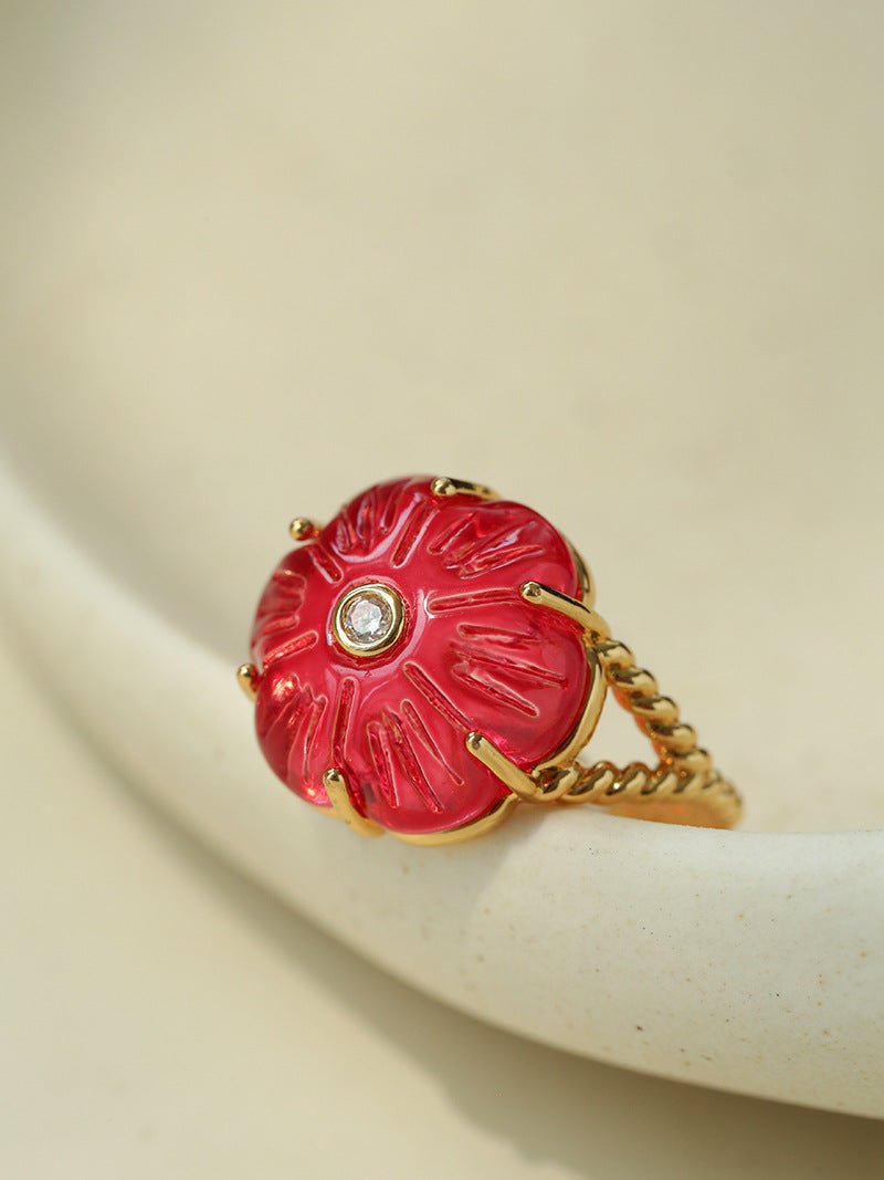 Handcrafted Glass Flower Dome Ring - 18K Gold Plated Brass Romantic Floral Adjustable Ring - floysun