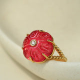 Handcrafted Glass Flower Dome Ring - 18K Gold Plated Brass Romantic Floral Adjustable Ring - floysun