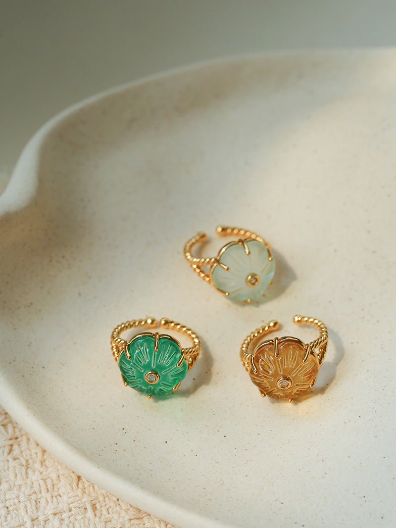Handcrafted Glass Flower Dome Ring - 18K Gold Plated Brass Romantic Floral Adjustable Ring - floysun