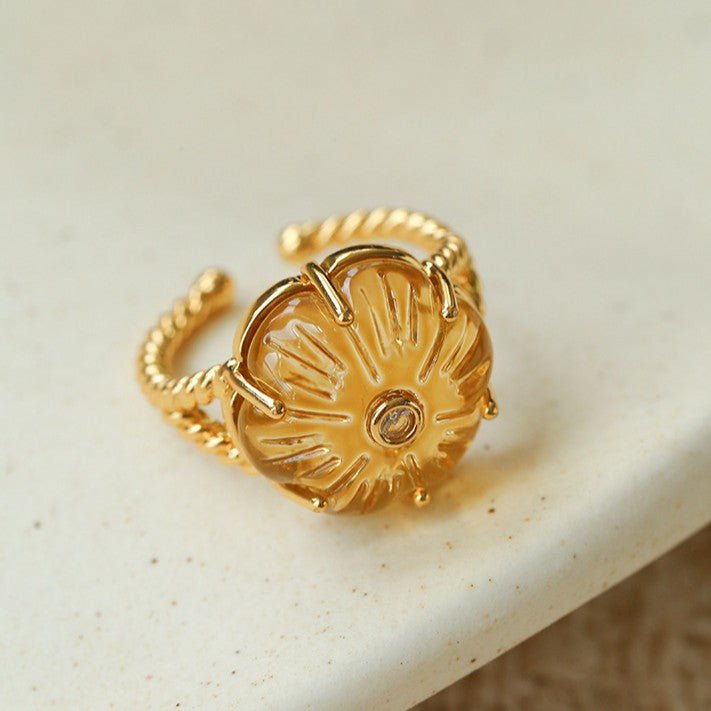 Handcrafted Glass Flower Dome Ring - 18K Gold Plated Brass Romantic Floral Adjustable Ring - floysun
