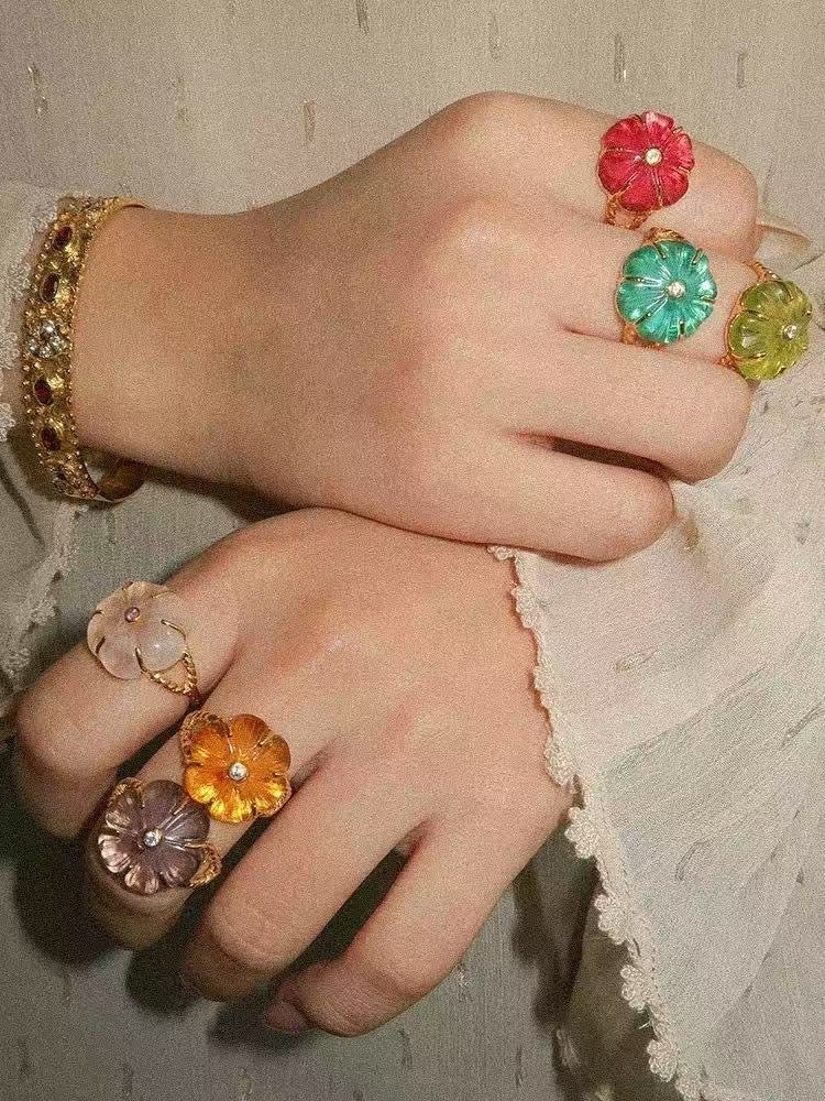 Handcrafted Glass Flower Dome Ring - 18K Gold Plated Brass Romantic Floral Adjustable Ring - floysun