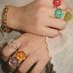 Handcrafted Glass Flower Dome Ring - 18K Gold Plated Brass Romantic Floral Adjustable Ring - floysun