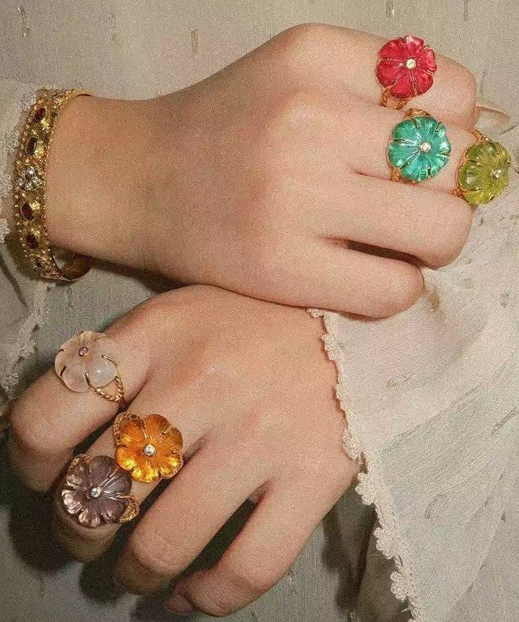 Handcrafted Glass Flower Dome Ring - 18K Gold Plated Brass Romantic Floral Adjustable Ring - floysun