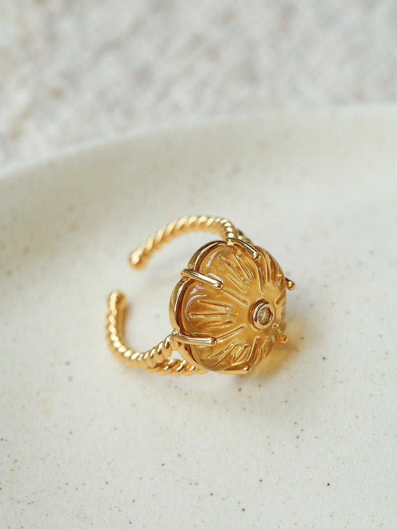Handcrafted Glass Flower Dome Ring - 18K Gold Plated Brass Romantic Floral Adjustable Ring - floysun