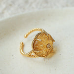 Handcrafted Glass Flower Dome Ring - 18K Gold Plated Brass Romantic Floral Adjustable Ring - floysun