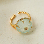 Handcrafted Glass Flower Dome Ring - 18K Gold Plated Brass Romantic Floral Adjustable Ring - floysun
