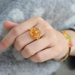 Handcrafted Glass Flower Dome Ring - 18K Gold Plated Brass Romantic Floral Adjustable Ring - floysun