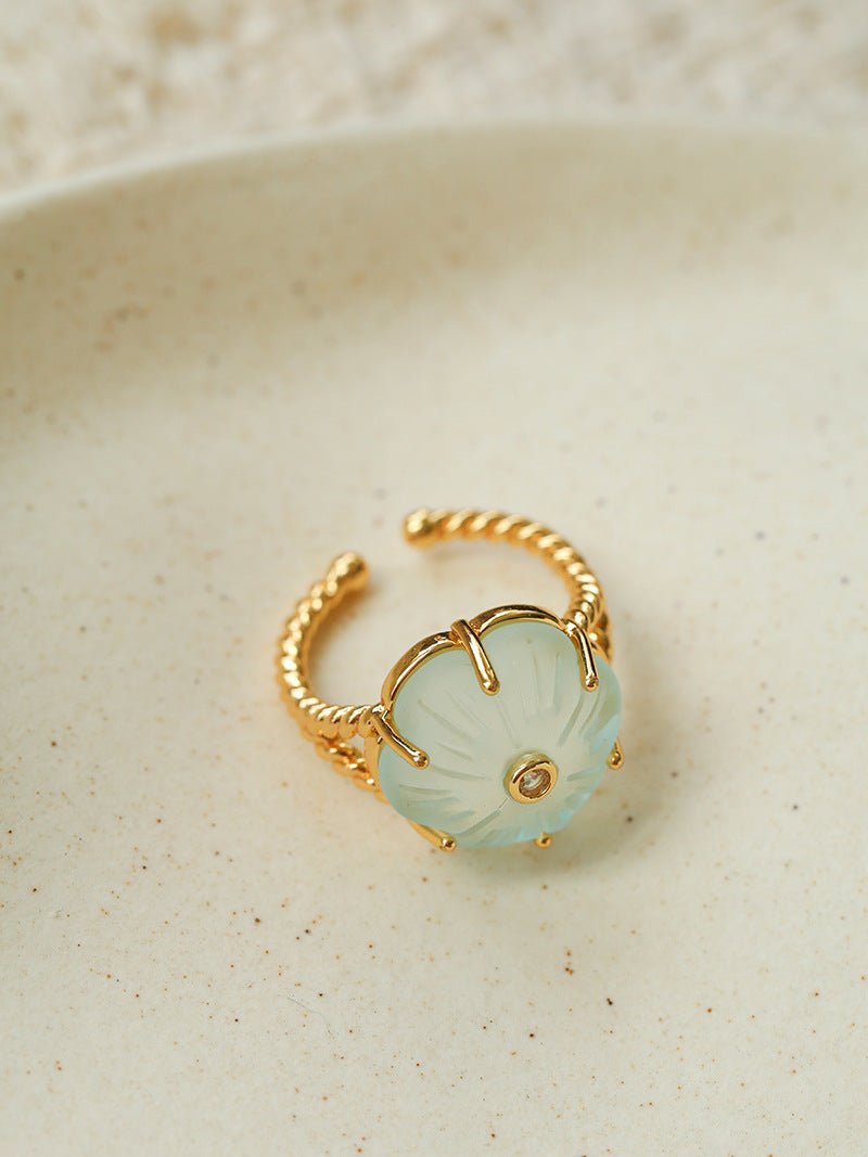 Handcrafted Glass Flower Dome Ring - 18K Gold Plated Brass Romantic Floral Adjustable Ring - floysun
