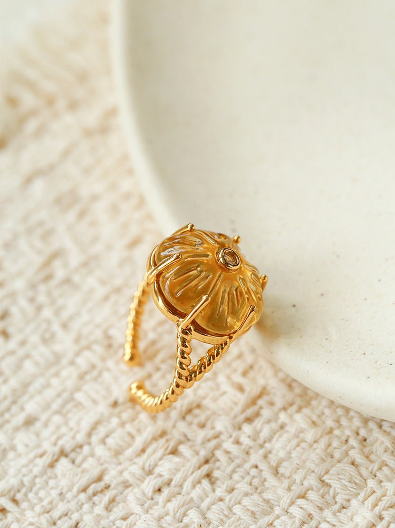 Handcrafted Glass Flower Dome Ring - 18K Gold Plated Brass Romantic Floral Adjustable Ring - floysun