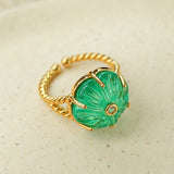 Handcrafted Glass Flower Dome Ring - 18K Gold Plated Brass Romantic Floral Adjustable Ring - floysun