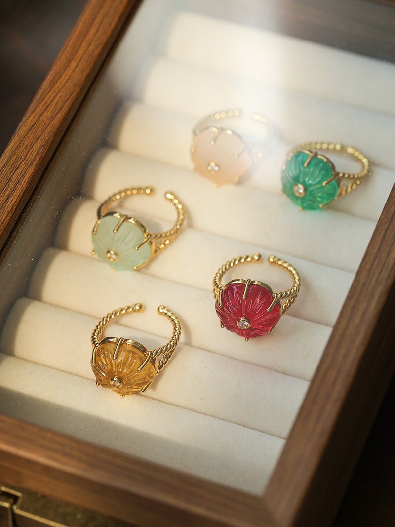 Handcrafted Glass Flower Dome Ring - 18K Gold Plated Brass Romantic Floral Adjustable Ring - floysun
