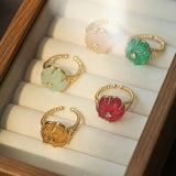 Handcrafted Glass Flower Dome Ring - 18K Gold Plated Brass Romantic Floral Adjustable Ring - floysun