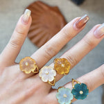 Handcrafted Glass Flower Dome Ring - 18K Gold Plated Brass Romantic Floral Adjustable Ring - floysun