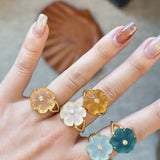 Handcrafted Glass Flower Dome Ring - 18K Gold Plated Brass Romantic Floral Adjustable Ring - floysun