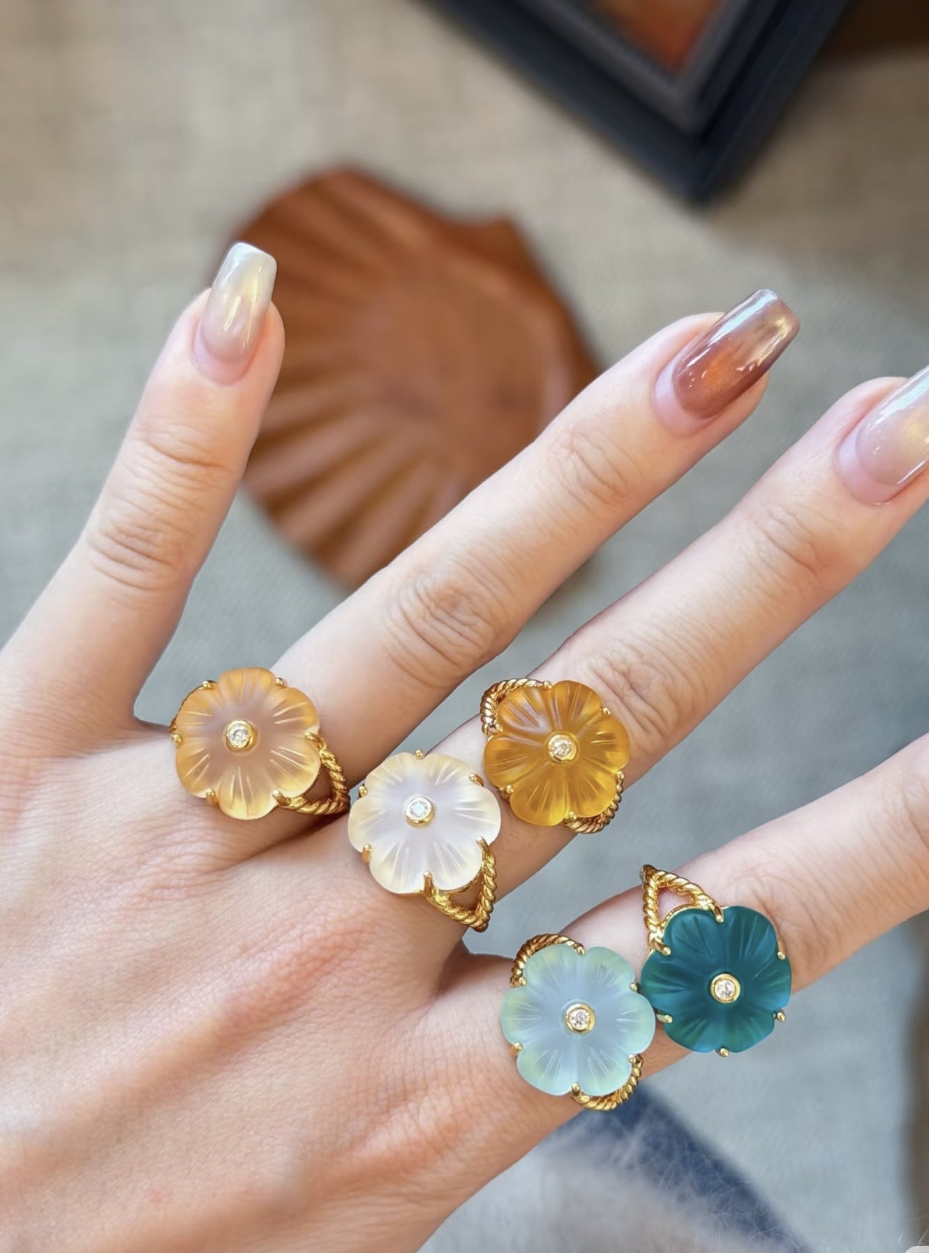 Handcrafted Glass Flower Dome Ring - 18K Gold Plated Brass Romantic Floral Adjustable Ring - floysun