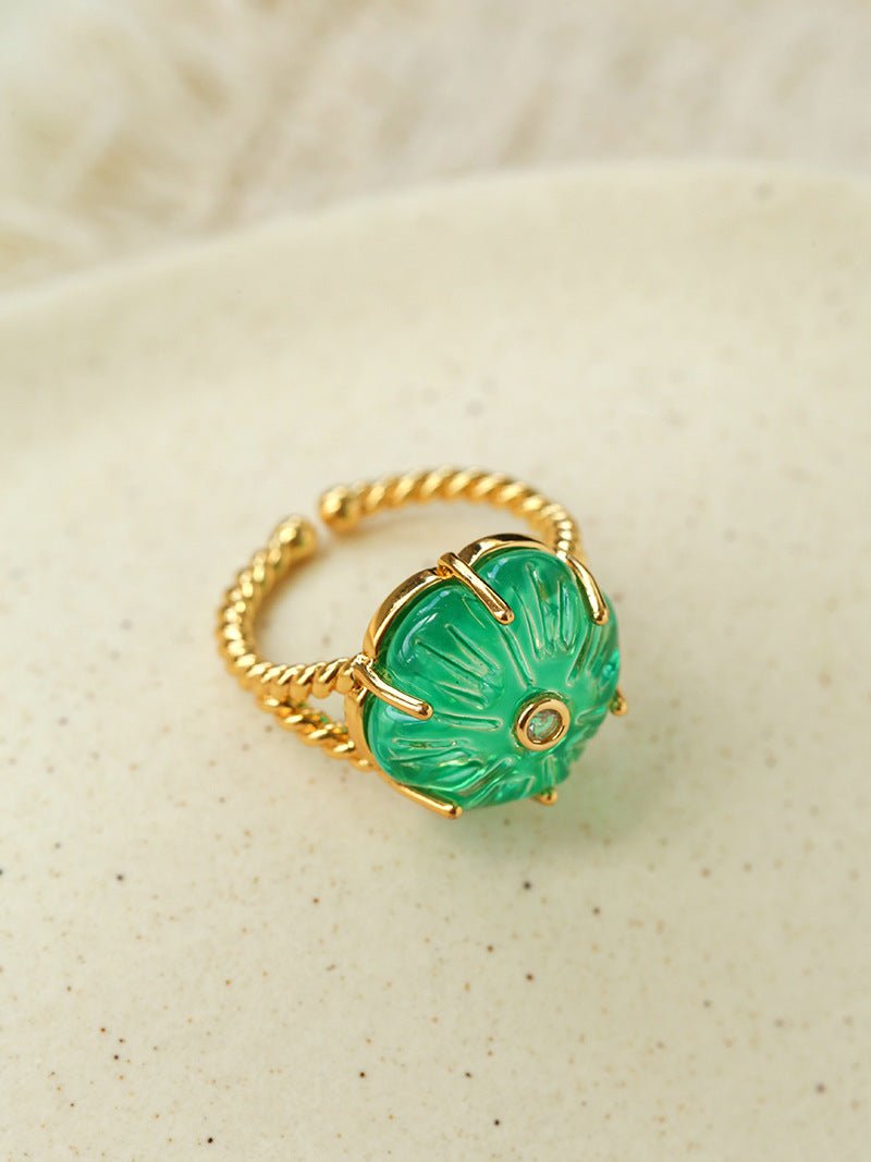 Handcrafted Glass Flower Dome Ring - 18K Gold Plated Brass Romantic Floral Adjustable Ring - floysun