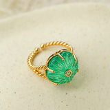 Handcrafted Glass Flower Dome Ring - 18K Gold Plated Brass Romantic Floral Adjustable Ring - floysun