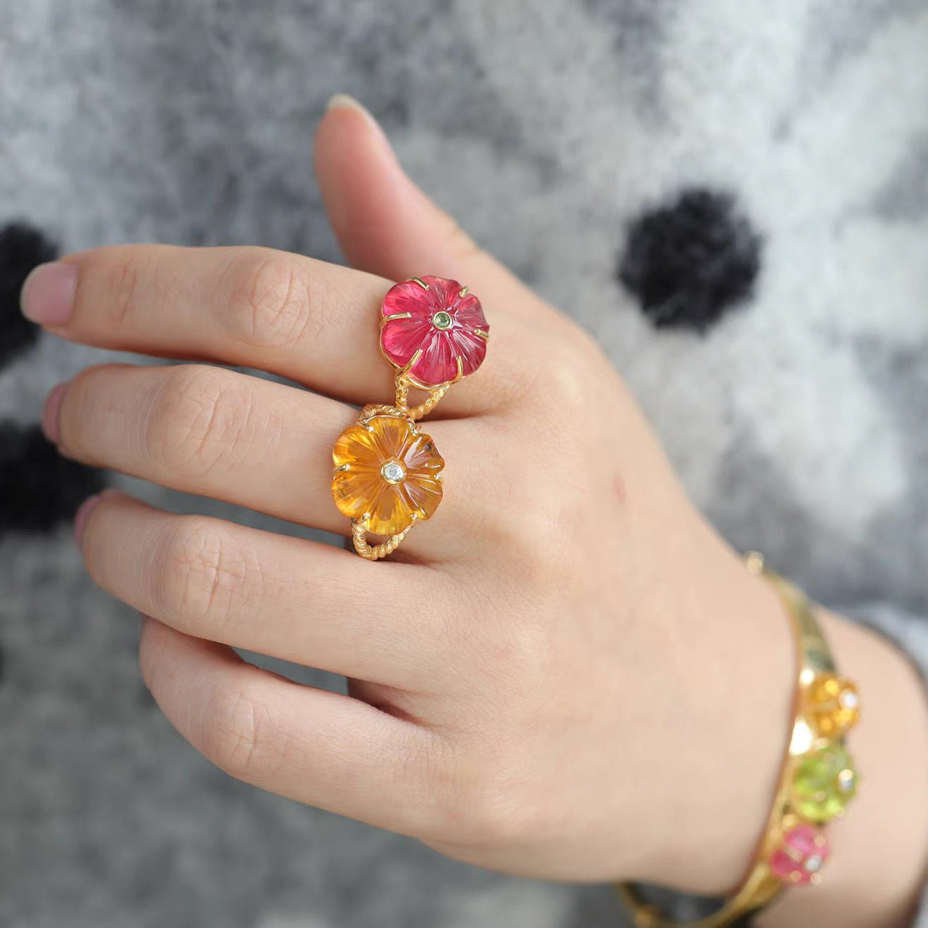 Handcrafted Glass Flower Dome Ring - 18K Gold Plated Brass Romantic Floral Adjustable Ring - floysun