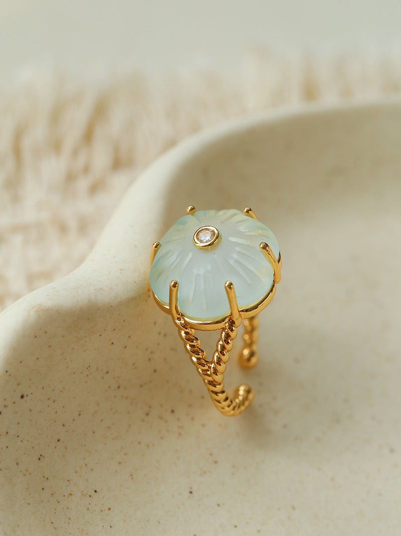 Handcrafted Glass Flower Dome Ring - 18K Gold Plated Brass Romantic Floral Adjustable Ring - floysun