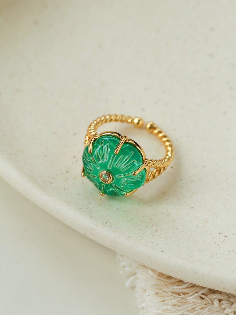 Handcrafted Glass Flower Dome Ring - 18K Gold Plated Brass Romantic Floral Adjustable Ring - floysun