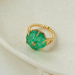 Handcrafted Glass Flower Dome Ring - 18K Gold Plated Brass Romantic Floral Adjustable Ring - floysun