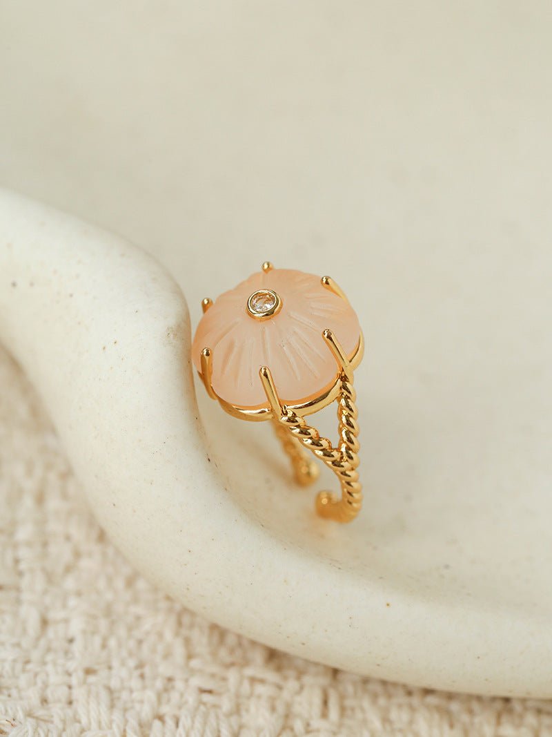 Handcrafted Glass Flower Dome Ring - 18K Gold Plated Brass Romantic Floral Adjustable Ring - floysun