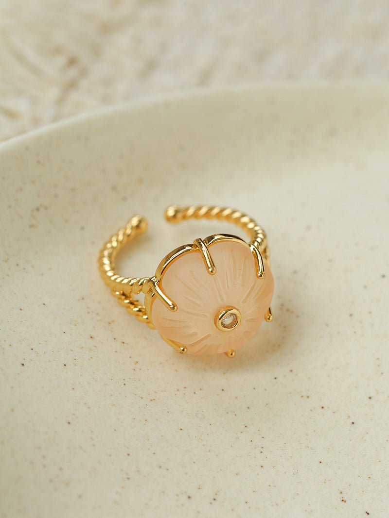 Handcrafted Glass Flower Dome Ring - 18K Gold Plated Brass Romantic Floral Adjustable Ring - floysun