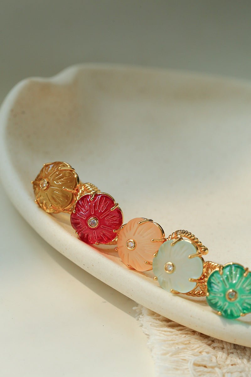 Handcrafted Glass Flower Dome Ring - 18K Gold Plated Brass Romantic Floral Adjustable Ring - floysun
