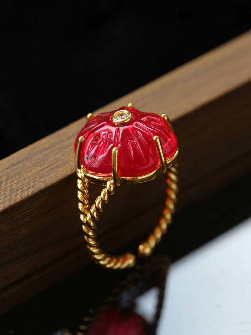Handcrafted Glass Flower Dome Ring - 18K Gold Plated Brass Romantic Floral Adjustable Ring - floysun