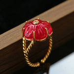 Handcrafted Glass Flower Dome Ring - 18K Gold Plated Brass Romantic Floral Adjustable Ring - floysun
