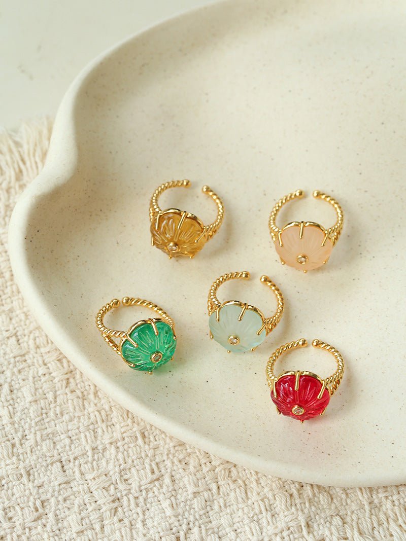 Handcrafted Glass Flower Dome Ring - 18K Gold Plated Brass Romantic Floral Adjustable Ring - floysun