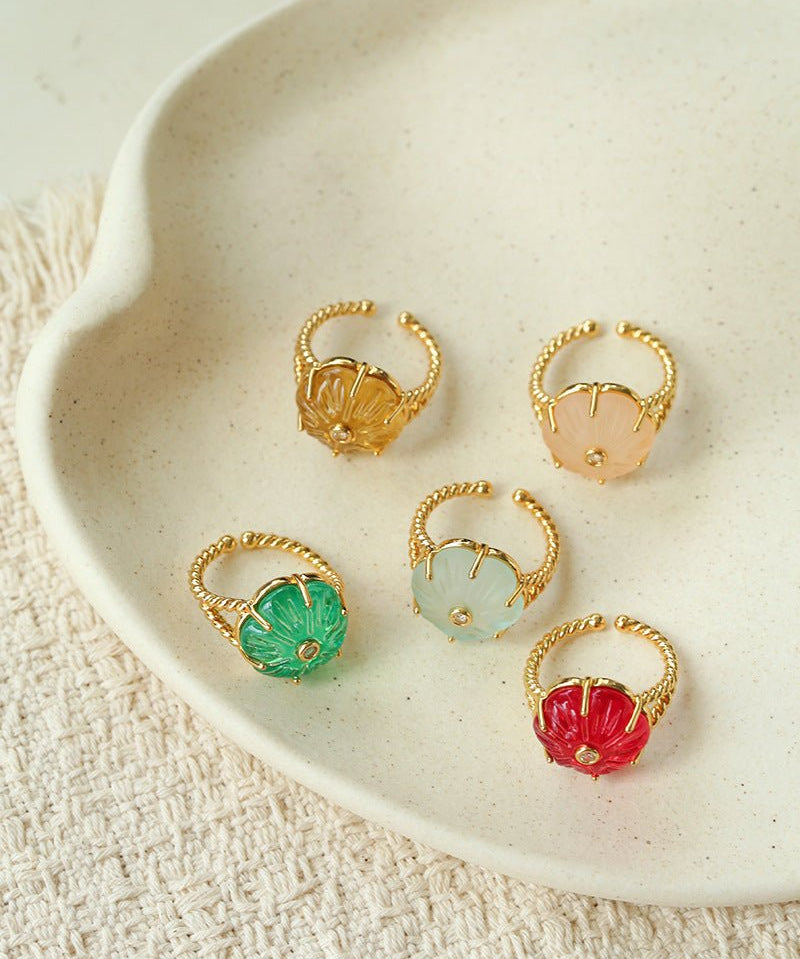 Handcrafted Glass Flower Dome Ring - 18K Gold Plated Brass Romantic Floral Adjustable Ring - floysun