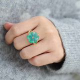 Handcrafted Glass Flower Dome Ring - 18K Gold Plated Brass Romantic Floral Adjustable Ring - floysun