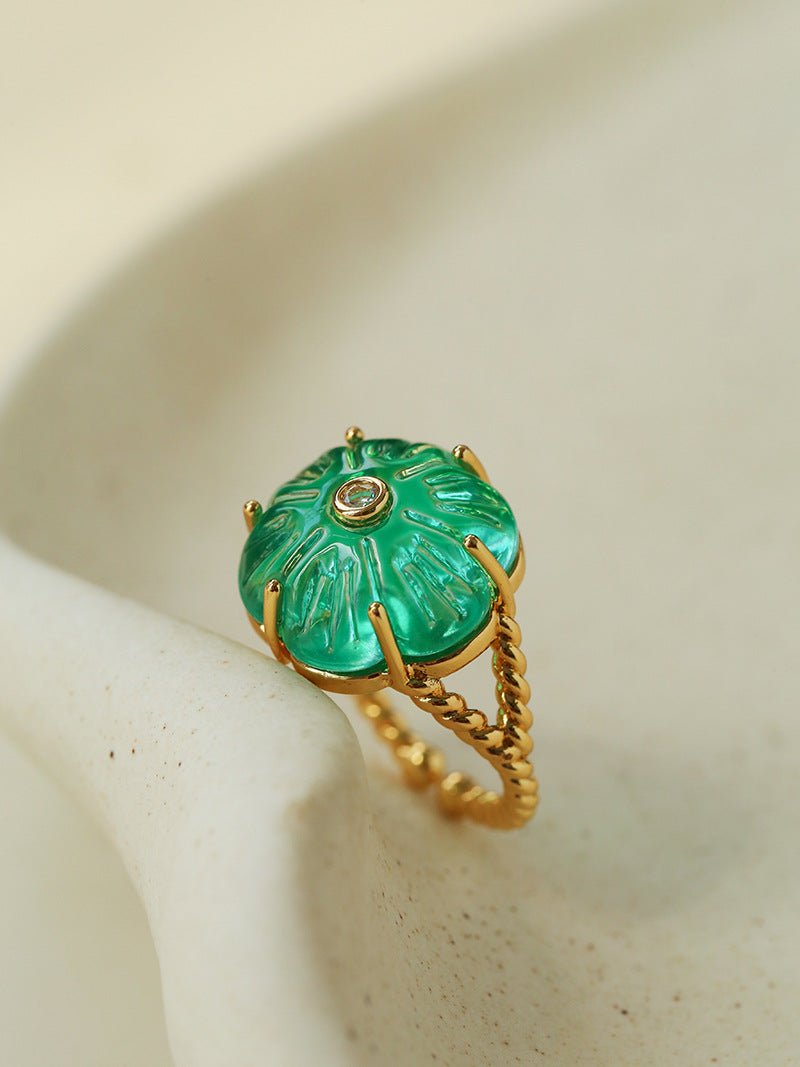 Handcrafted Glass Flower Dome Ring - 18K Gold Plated Brass Romantic Floral Adjustable Ring - floysun