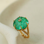 Handcrafted Glass Flower Dome Ring - 18K Gold Plated Brass Romantic Floral Adjustable Ring - floysun