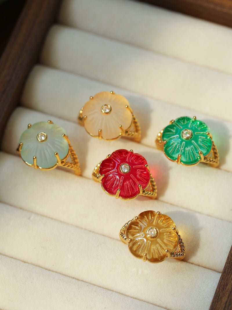 Handcrafted Glass Flower Dome Ring - Romantic Floral Adjustable Ring - floysun