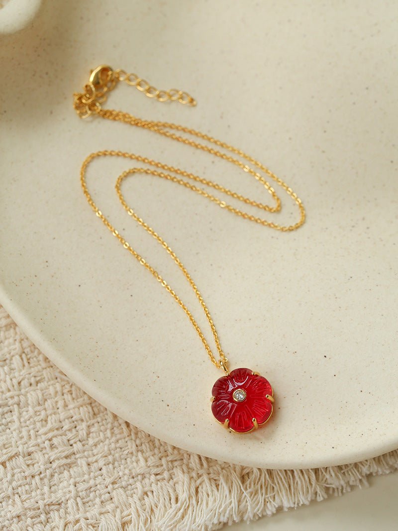 Handcrafted Glass Flower Pendant Necklace - 18K Gold Plated Vintage Floral Choker - floysun