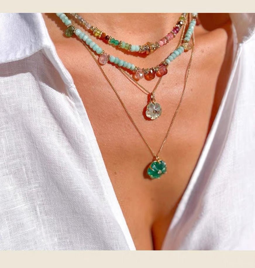 Handcrafted Glass Flower Pendant Necklace - 18K Gold Plated Vintage Floral Choker - floysun