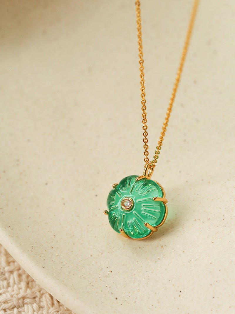 Handcrafted Glass Flower Pendant Necklace - 18K Gold Plated Vintage Floral Choker - floysun
