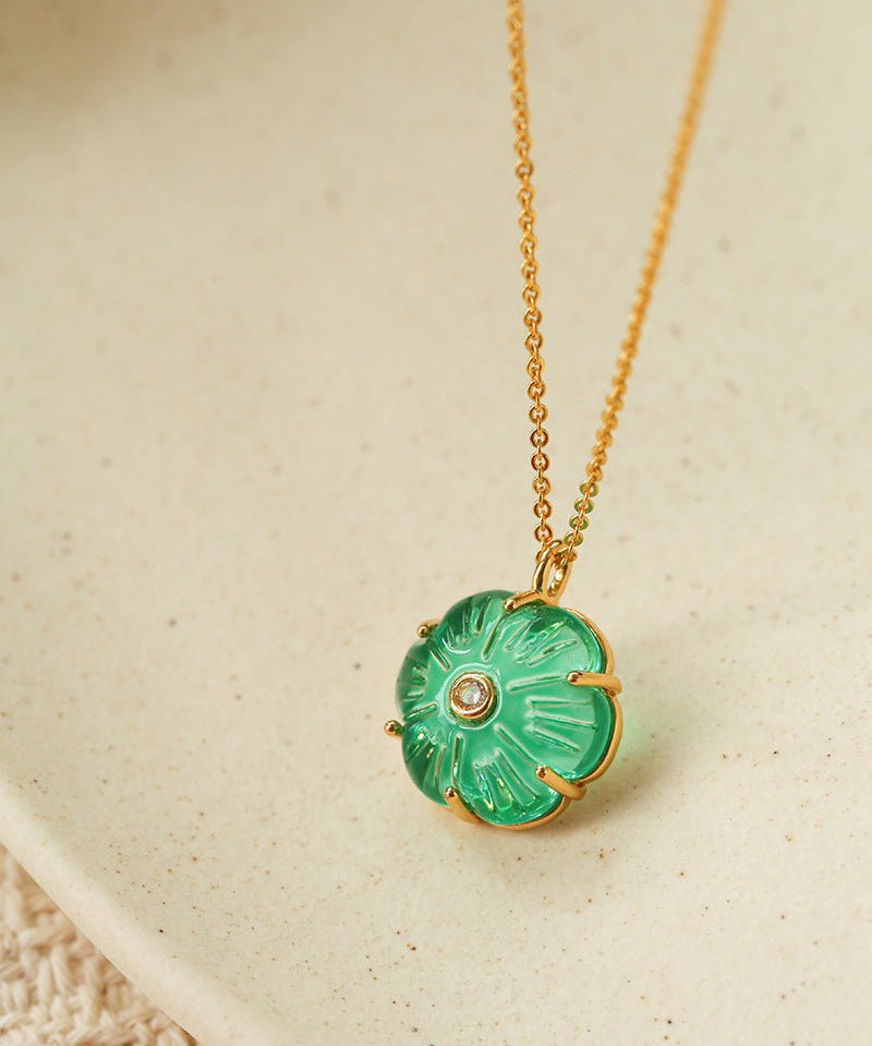 Handcrafted Glass Flower Pendant Necklace - 18K Gold Plated Vintage Floral Choker - floysun
